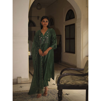 Tatwa Designs Bottle Green Glass Beaded Kurta with Dupatta (Set of 3)