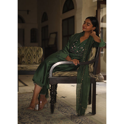 Tatwa Designs Bottle Green Glass Beaded Kurta with Dupatta (Set of 3)