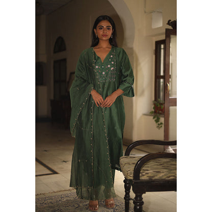 Tatwa Designs Bottle Green Glass Beaded Kurta with Dupatta (Set of 3)