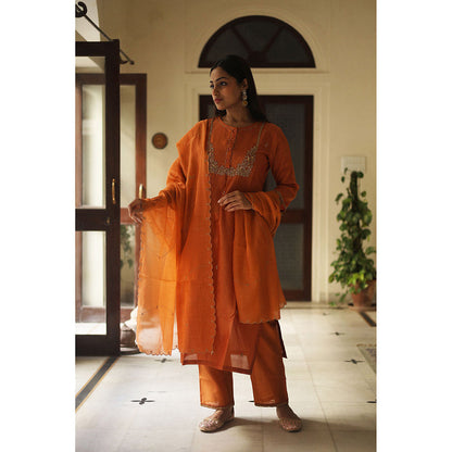 Tatwa Designs Orange Moss Basket Kurta with Pant & Dupatta (Set of 3)