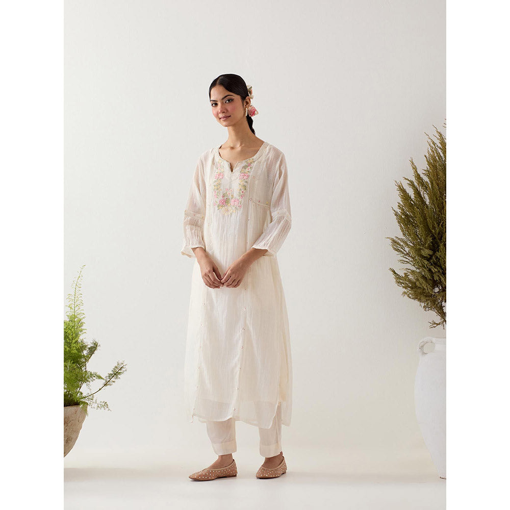 Tatwa Designs White Parrot And Peonies Kurta with Pant and Slip (Set of 3)