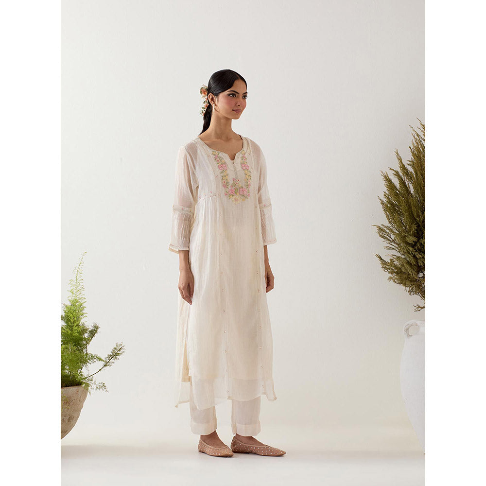 Tatwa Designs White Parrot And Peonies Kurta with Pant and Slip (Set of 3)