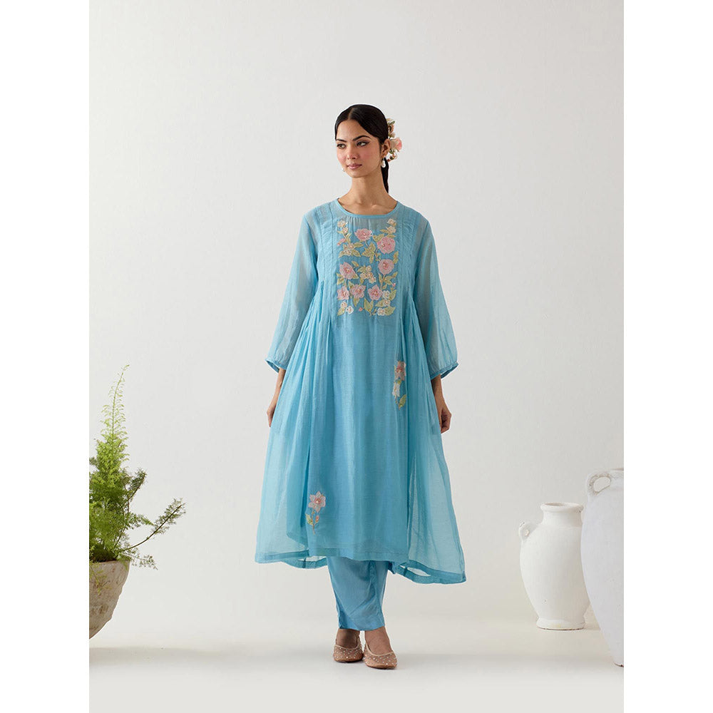 Tatwa Designs Jodhpur Blue Applique Kurta with Pant and Slip (Set of 3)