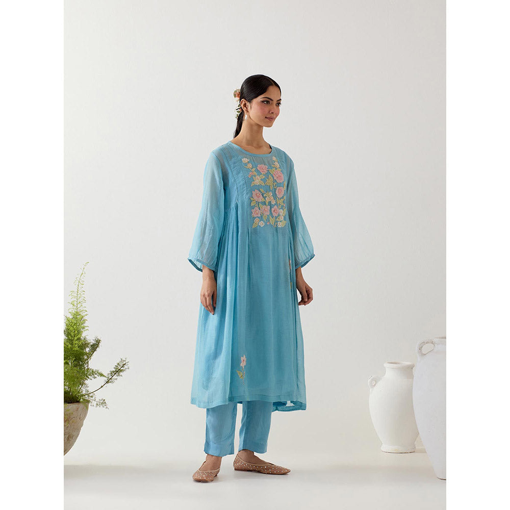 Tatwa Designs Jodhpur Blue Applique Kurta with Pant and Slip (Set of 3)