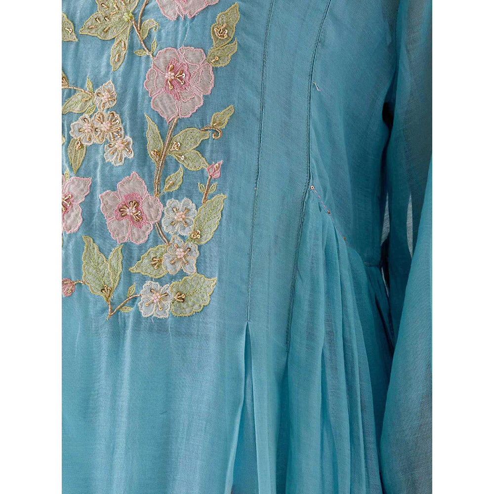 Tatwa Designs Jodhpur Blue Applique Kurta with Pant and Slip (Set of 3)
