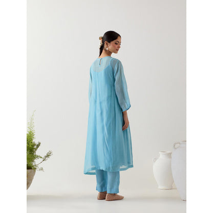 Tatwa Designs Jodhpur Blue Applique Kurta with Pant and Slip (Set of 3)