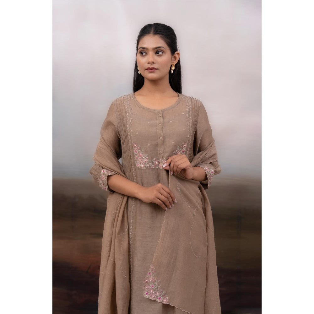Tatwa Designs Chiku Beaded Bageecha Brown Kurta with Pant and Dupatta (Set of 3)