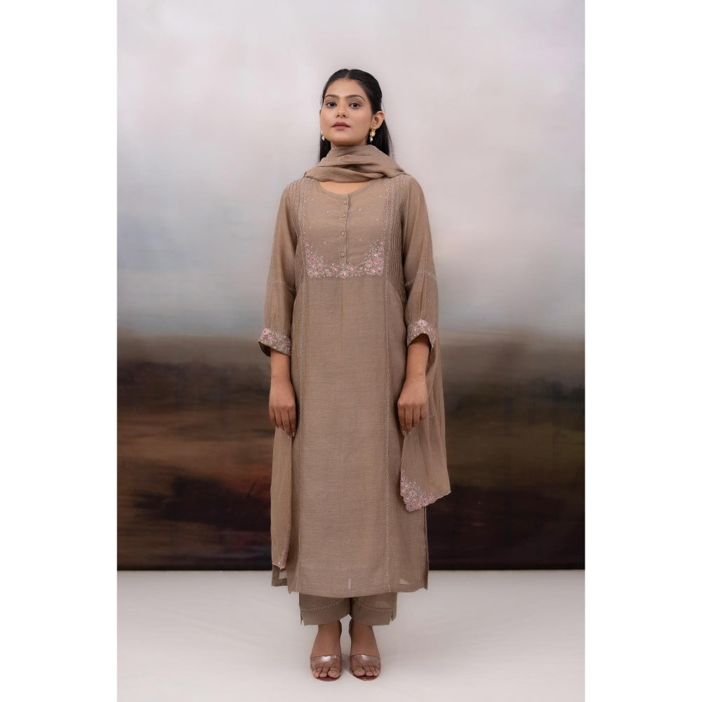 Tatwa Designs Chiku Beaded Bageecha Brown Kurta with Pant and Dupatta (Set of 3)