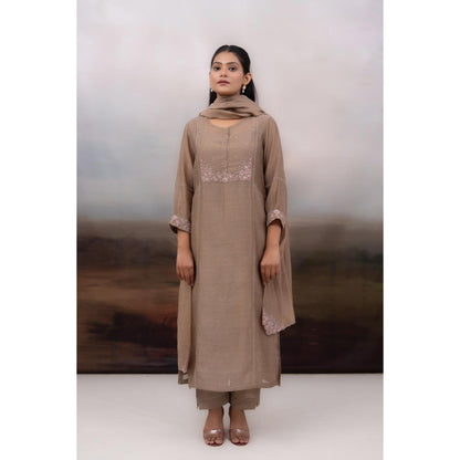 Tatwa Designs Chiku Beaded Bageecha Brown Kurta with Pant and Dupatta (Set of 3)