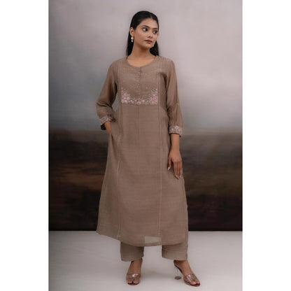 Tatwa Designs Chiku Beaded Bageecha Brown Kurta with Pant and Dupatta (Set of 3)