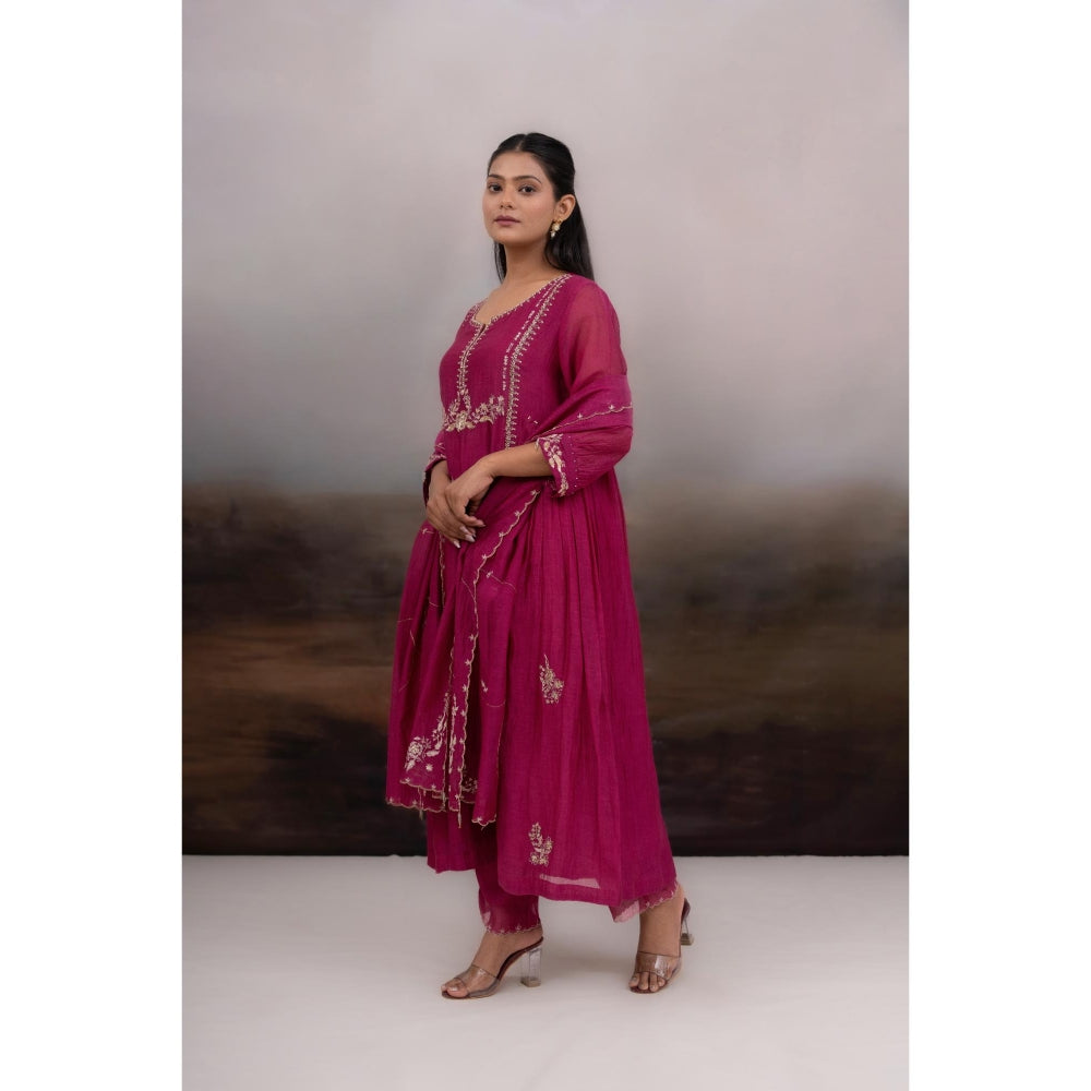 Tatwa Designs Rani Pink Gold Rose Anarkali Kurta With Pant and Dupatta (Set of 3)