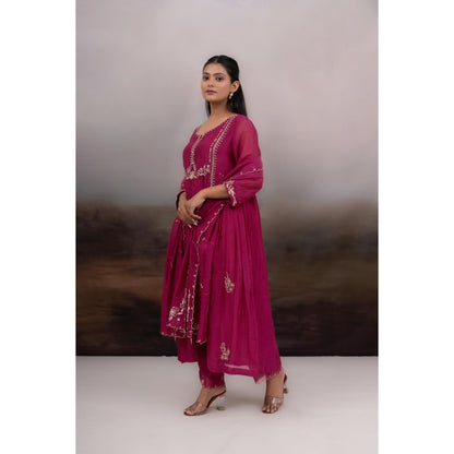 Tatwa Designs Rani Pink Gold Rose Anarkali Kurta With Pant and Dupatta (Set of 3)