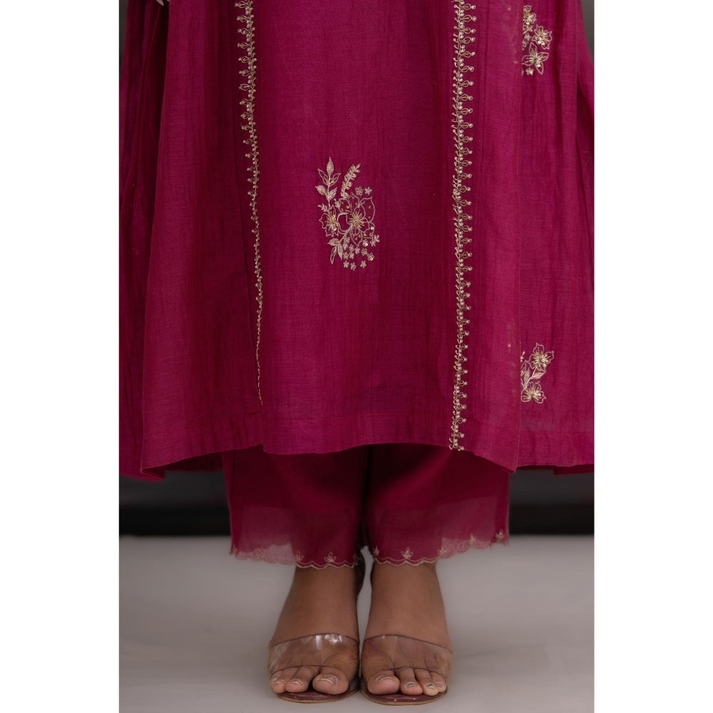 Tatwa Designs Rani Pink Gold Rose Anarkali Kurta With Pant and Dupatta (Set of 3)