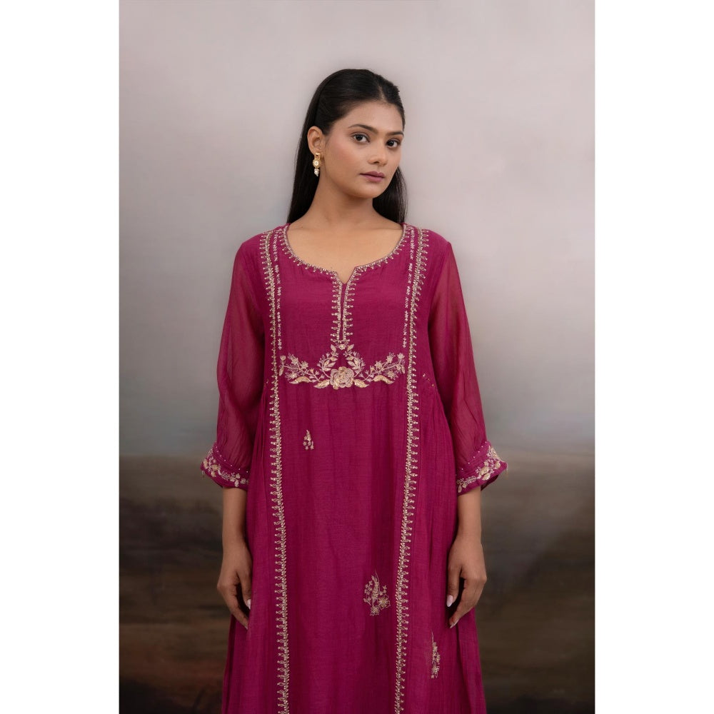 Tatwa Designs Rani Pink Gold Rose Anarkali Kurta With Pant and Dupatta (Set of 3)