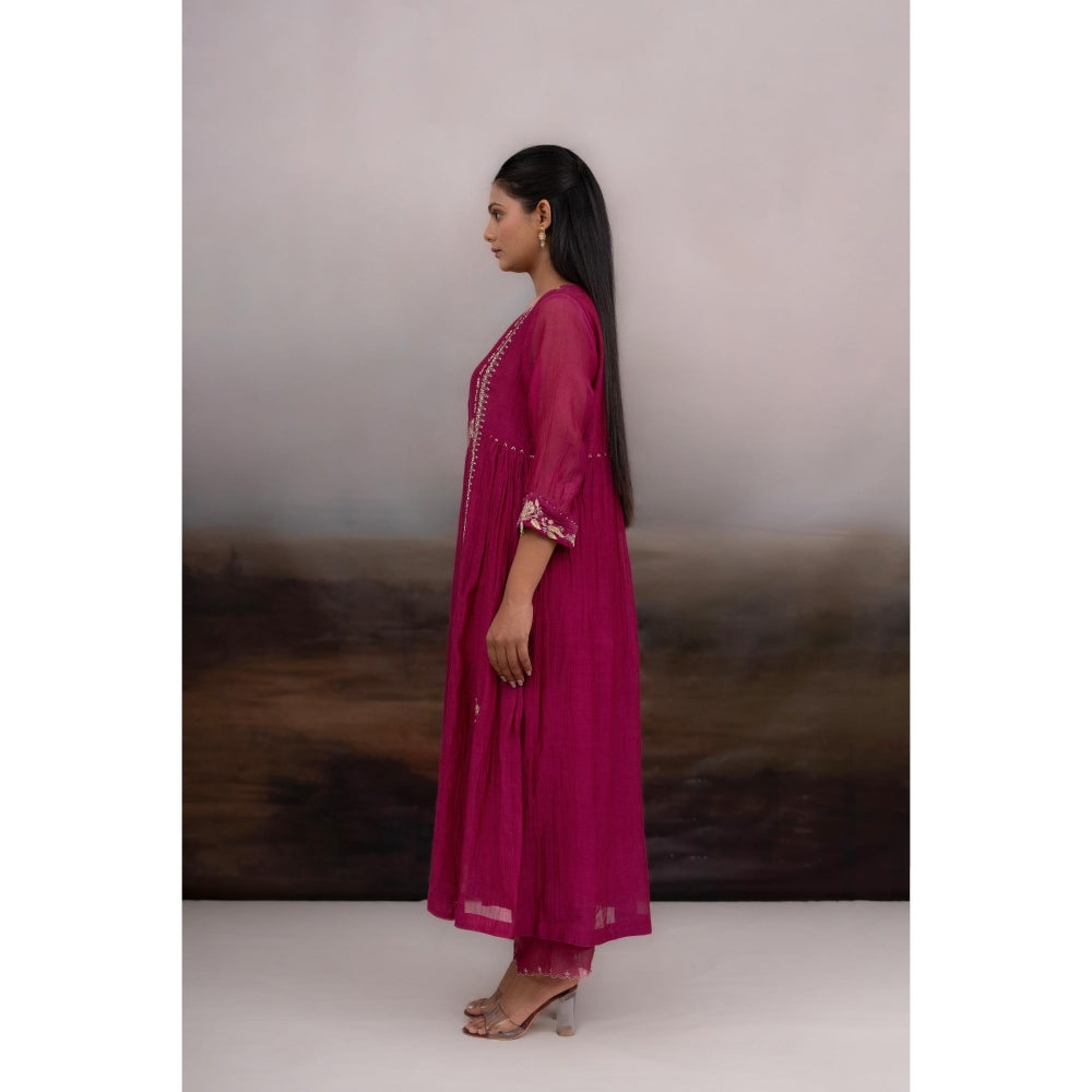 Tatwa Designs Rani Pink Gold Rose Anarkali Kurta With Pant and Dupatta (Set of 3)