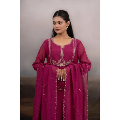 Tatwa Designs Rani Pink Gold Rose Anarkali Kurta With Pant and Dupatta (Set of 3)