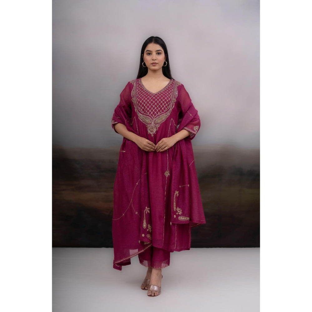 Tatwa Designs Magenta Desert Palm Kurta with Pant and Dupatta (Set of 3)