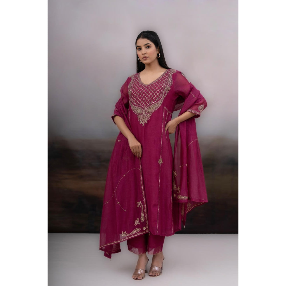 Tatwa Designs Magenta Desert Palm Kurta with Pant and Dupatta (Set of 3)