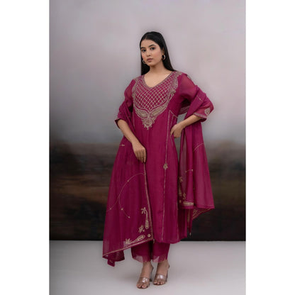 Tatwa Designs Magenta Desert Palm Kurta with Pant and Dupatta (Set of 3)