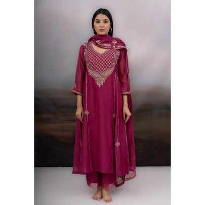 Tatwa Designs Magenta Desert Palm Kurta with Pant and Dupatta (Set of 3)