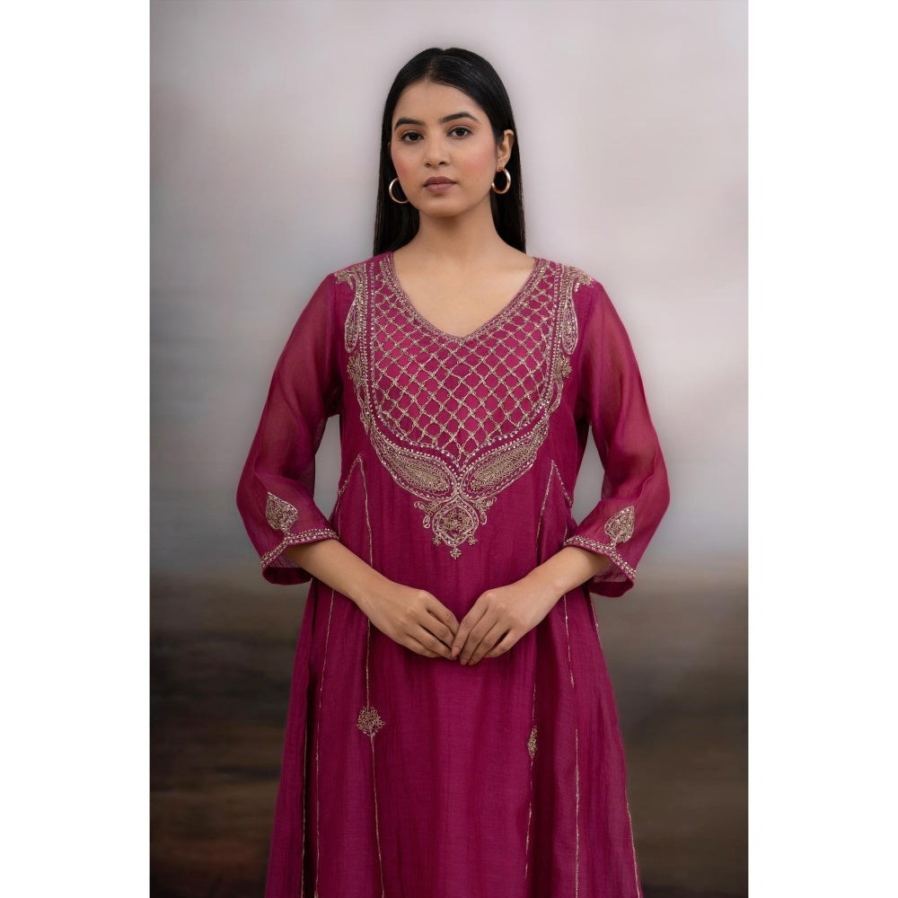 Tatwa Designs Magenta Desert Palm Kurta with Pant and Dupatta (Set of 3)