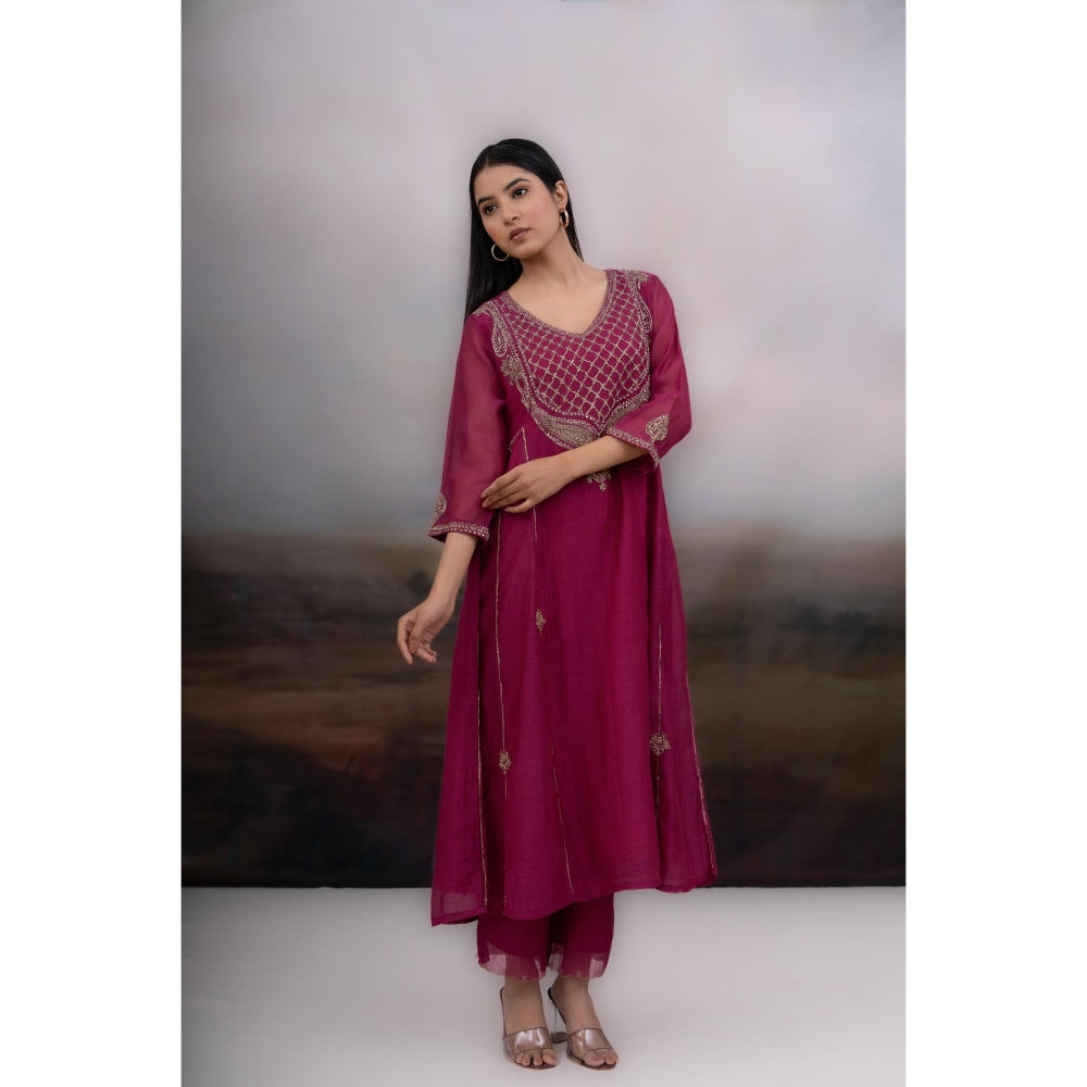 Tatwa Designs Magenta Desert Palm Kurta with Pant and Dupatta (Set of 3)