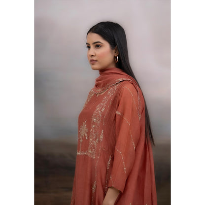 Tatwa Designs Brown Desert Palm Kurta with Pant and Dupatta (Set of 3)