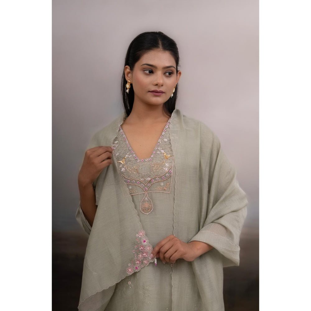 Tatwa Designs Grey Matsya Kurta with Palazzo and Dupatta (Set of 3)