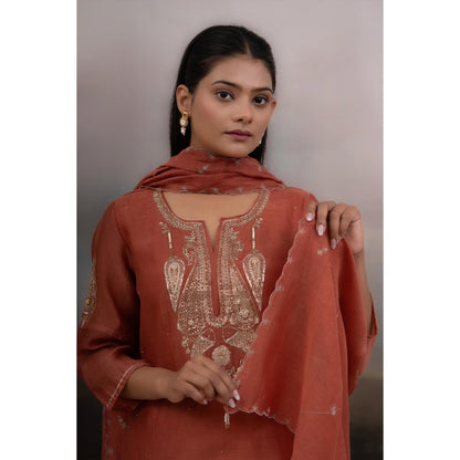 Tatwa Designs Rust Madder Kurti And Palazzo With Dupatta (Set of 3)