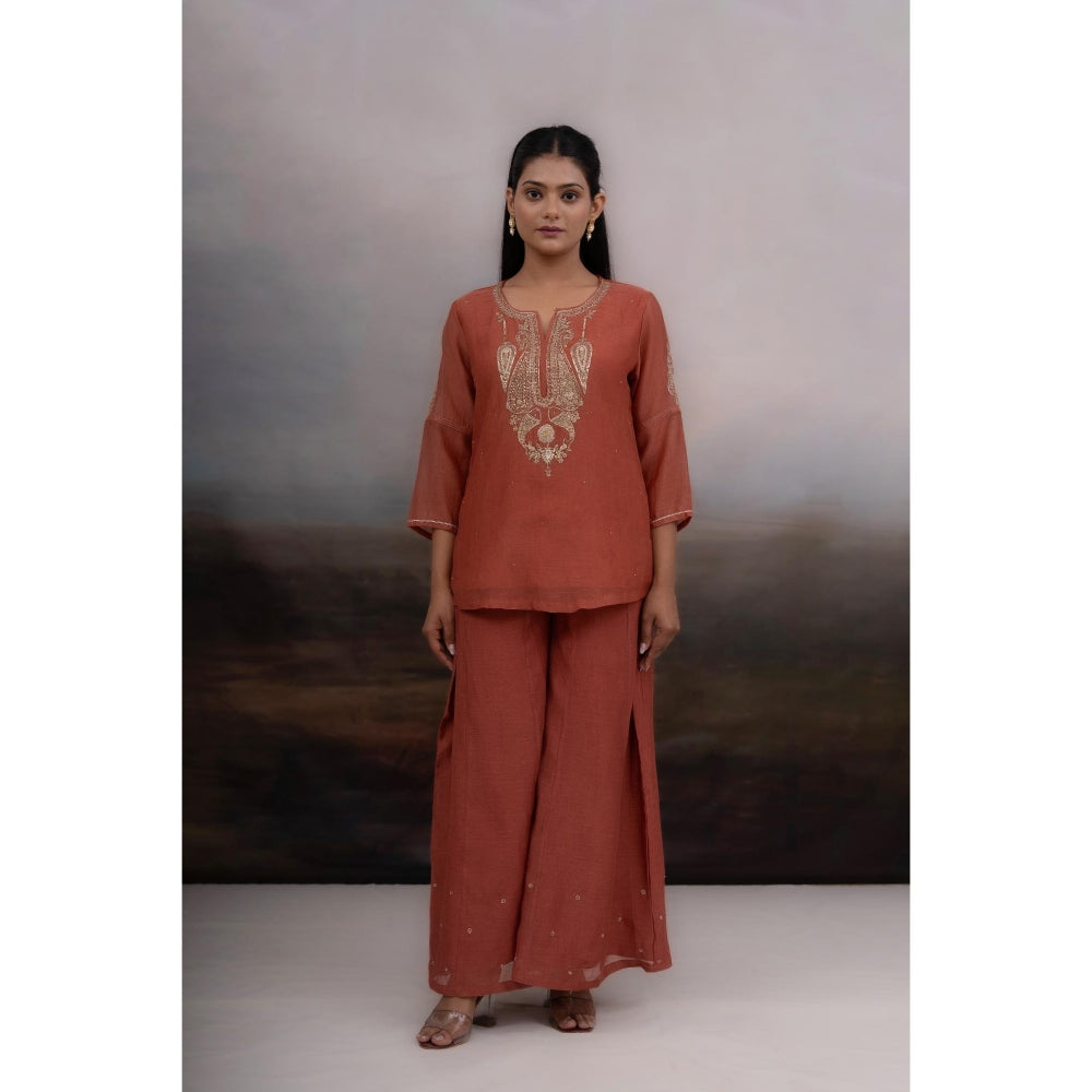 Tatwa Designs Rust Madder Kurti And Palazzo With Dupatta (Set of 3)