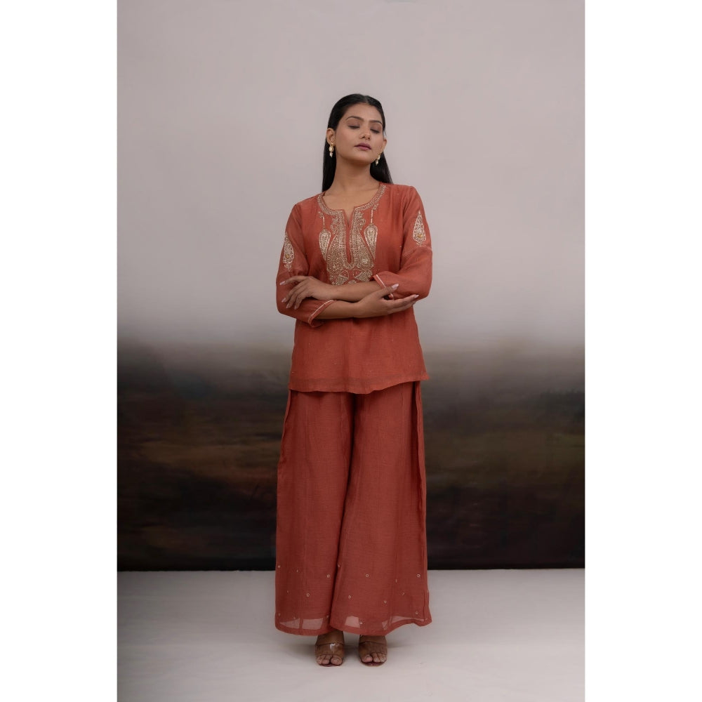 Tatwa Designs Rust Madder Kurti And Palazzo With Dupatta (Set of 3)