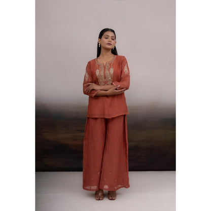 Tatwa Designs Rust Madder Kurti And Palazzo With Dupatta (Set of 3)