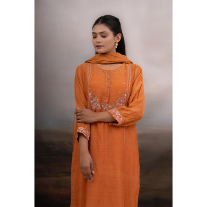 Tatwa Designs Rust Orange Beaded Bageecha Kurta with Pant and Dupatta (Set of 3)