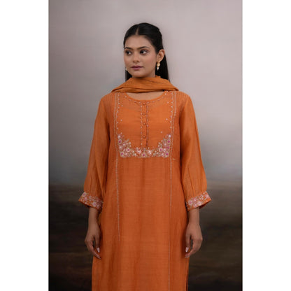 Tatwa Designs Rust Orange Beaded Bageecha Kurta with Pant and Dupatta (Set of 3)