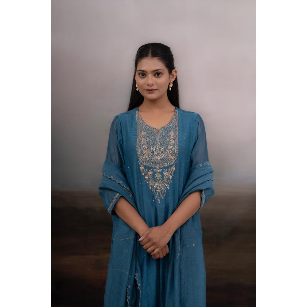 Tatwa Designs Blue Patti Zardozi Kurta with Pant and Dupatta (Set of 3)