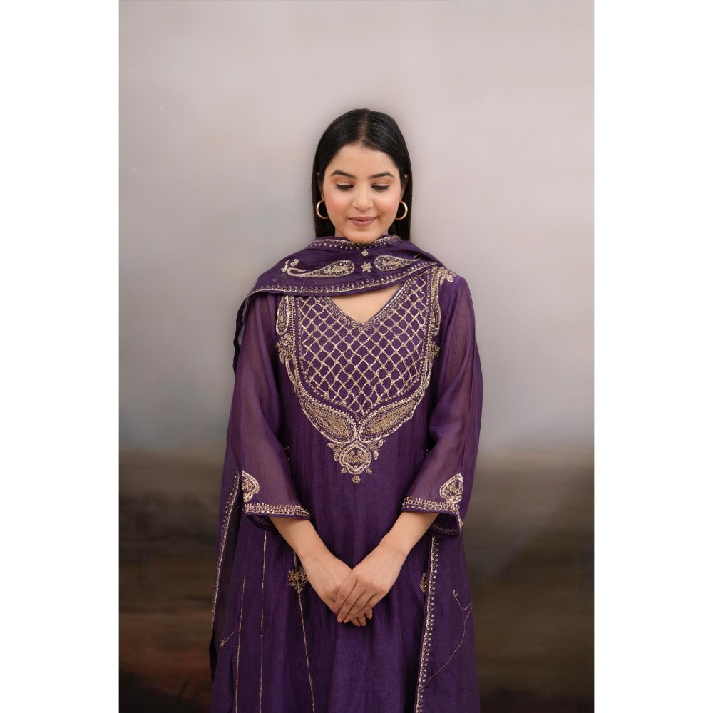 Tatwa Designs Purple Ambia Anarkali Kurta with Pant and Dupatta (Set of 3)