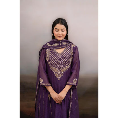 Tatwa Designs Purple Ambia Anarkali Kurta with Pant and Dupatta (Set of 3)