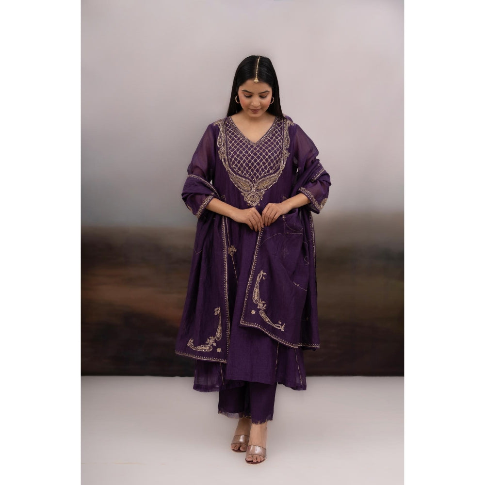 Tatwa Designs Purple Ambia Anarkali Kurta with Pant and Dupatta (Set of 3)