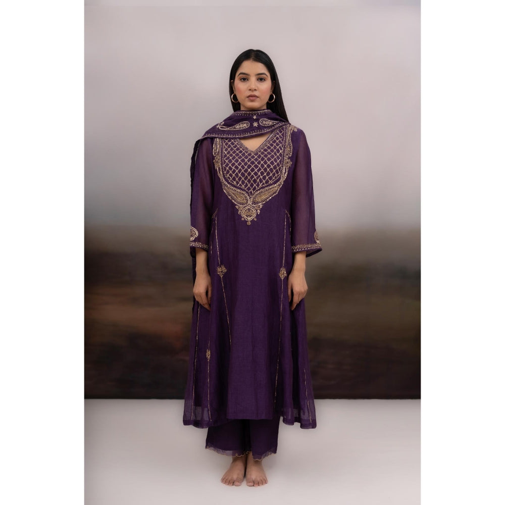 Tatwa Designs Purple Ambia Anarkali Kurta with Pant and Dupatta (Set of 3)