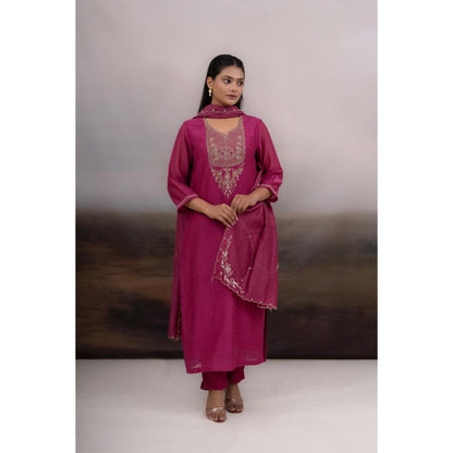 Tatwa Designs Rani Pink Paanch Patti Zardozi Kurta with Pant and Dupatta (Set of 3)