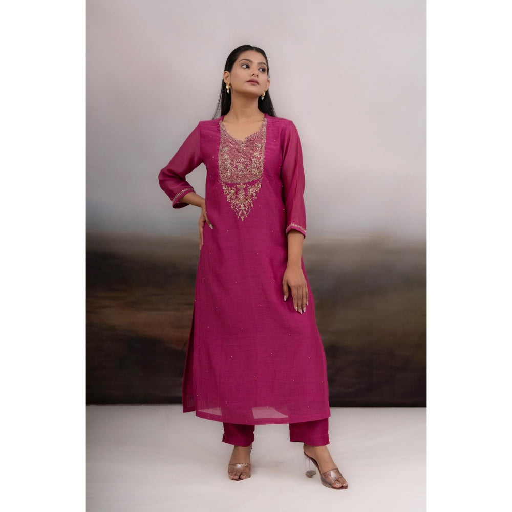 Tatwa Designs Rani Pink Paanch Patti Zardozi Kurta with Pant and Dupatta (Set of 3)