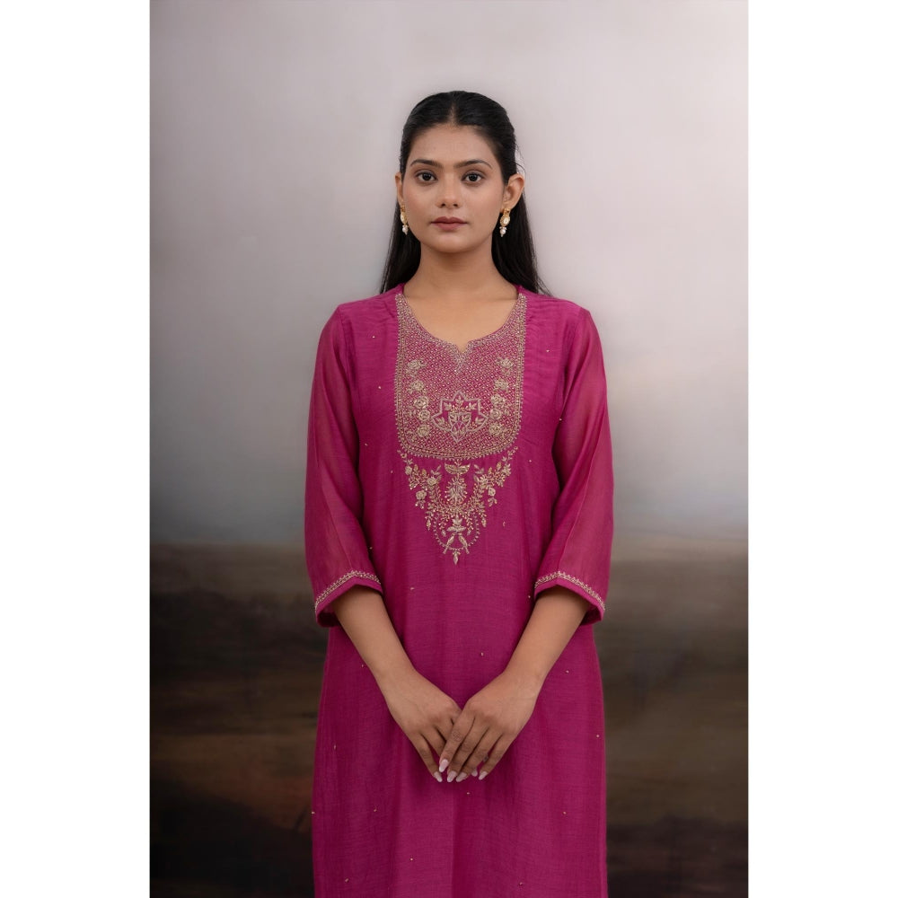 Tatwa Designs Rani Pink Paanch Patti Zardozi Kurta with Pant and Dupatta (Set of 3)