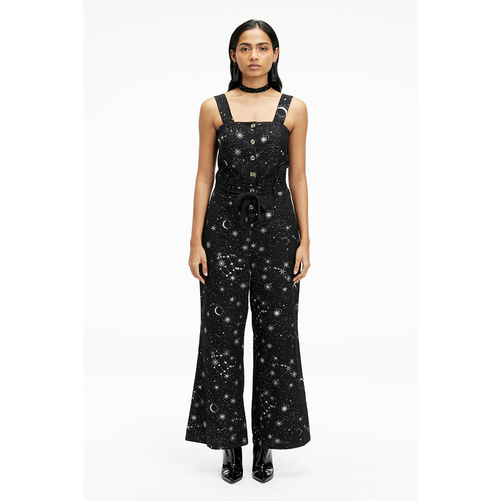 TERRA LUNA Women's Black Elara 100% Linen Jumpsuit with Belt (Set of 2)