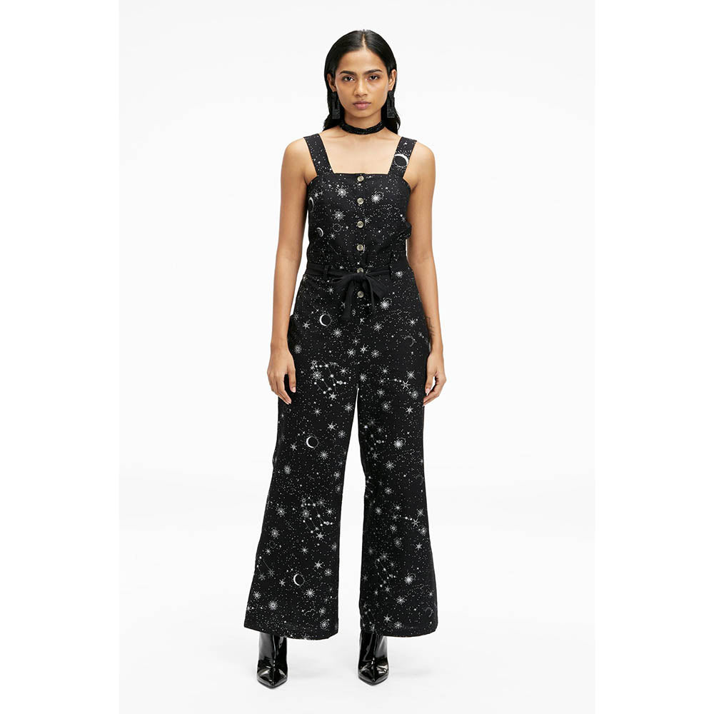 TERRA LUNA Women's Black Elara 100% Linen Jumpsuit with Belt (Set of 2)