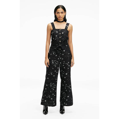 TERRA LUNA Women's Black Elara 100% Linen Jumpsuit with Belt (Set of 2)