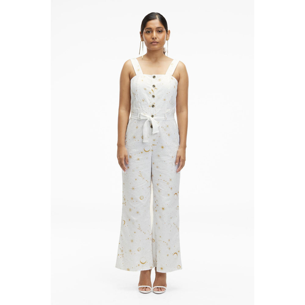 TERRA LUNA Women's White Elara 100% Linen Jumpsuit with Belt (Set of 2)