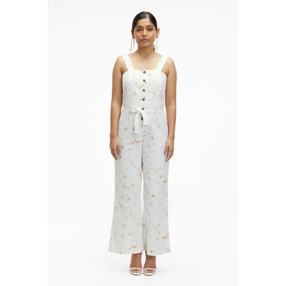 TERRA LUNA Women's White Elara 100% Linen Jumpsuit with Belt (Set of 2)