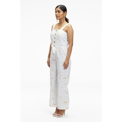 TERRA LUNA Women's White Elara 100% Linen Jumpsuit with Belt (Set of 2)