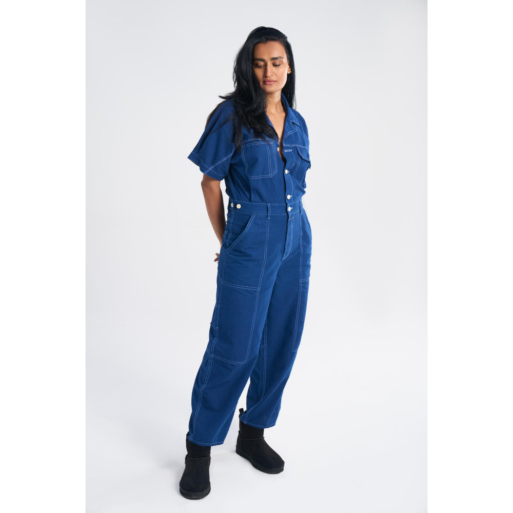 TERRA LUNA Women's Blue Gili 100% Cotton Front Pocket Jumpsuit