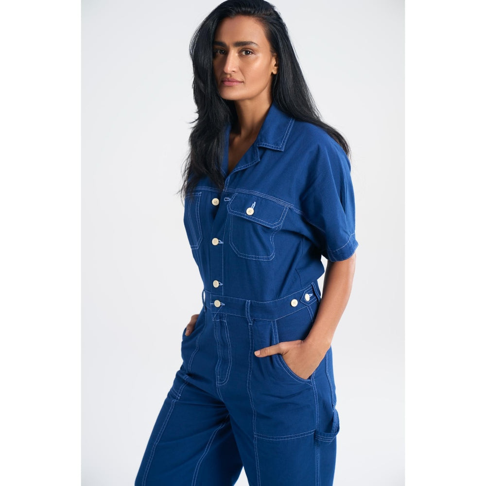 TERRA LUNA Women's Blue Gili 100% Cotton Front Pocket Jumpsuit